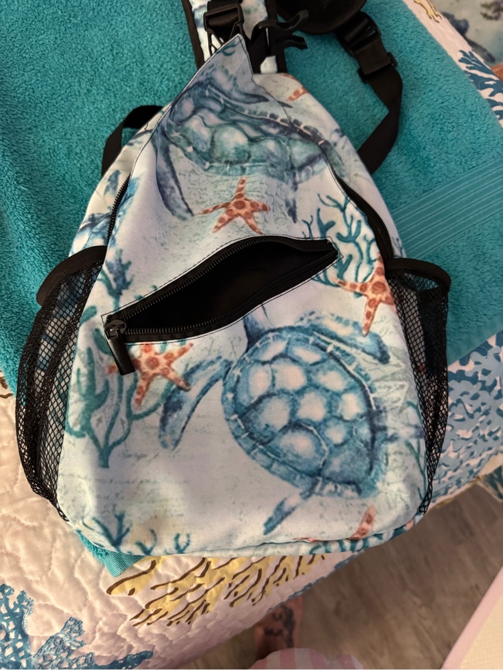 Amazon Blue and White Turtle Print Backpack Sling Bag